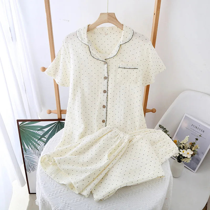 Summer Women's Pajama Set | 3-Piece 100% Gauze Cotton Sleepwear with Short Sleeve Top, Long Pants & Shorts