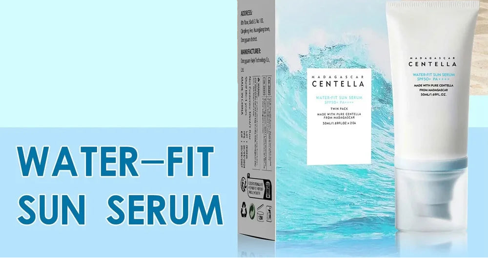 Woman on a beach with Centella sun serum packaging and bottle displayed.