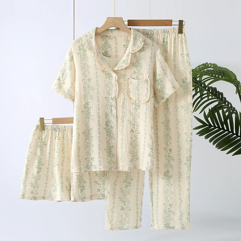 Summer Women's Pajama Set | 3-Piece 100% Gauze Cotton Sleepwear with Short Sleeve Top, Long Pants & Shorts