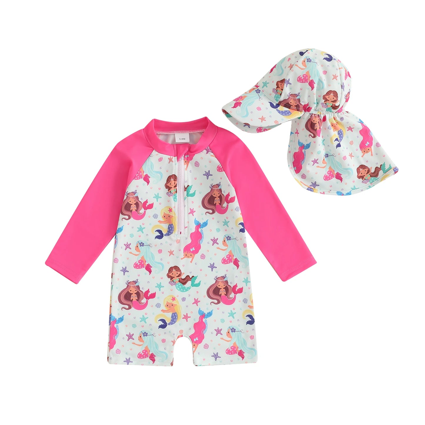 Kids Long Sleeve Swimsuit Set Floral Tropical Print Zip Up with Hat Summer Beachwear