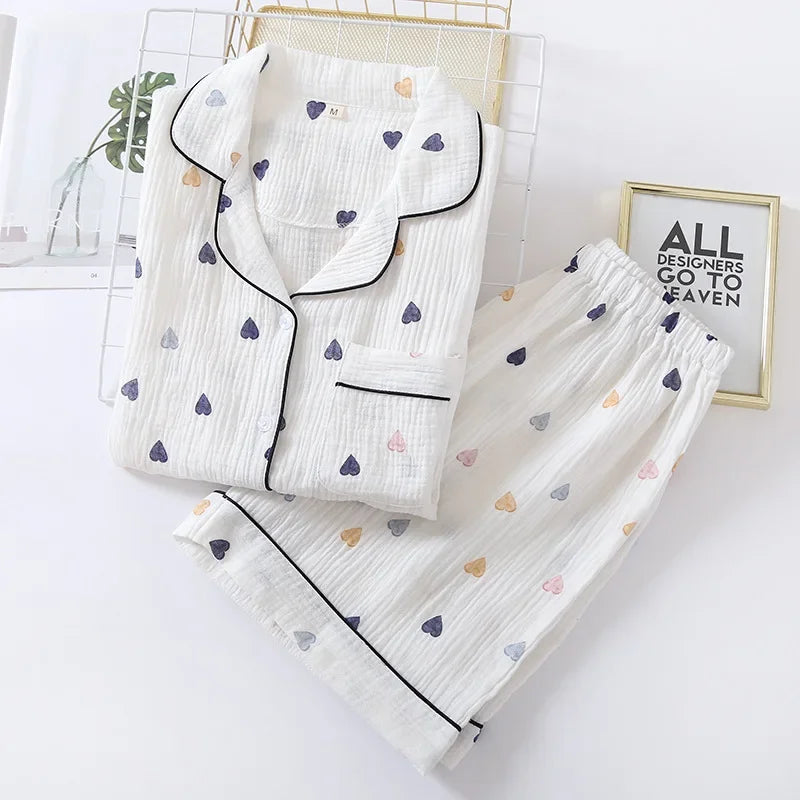 Japanese Summer Women's Pajama Set | Cotton Gauze Short Sleeve & Shorts Cute Heart Sleepwear