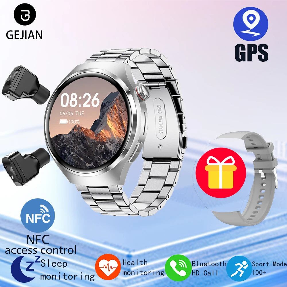 ساعة ذكية 2 في 1 مع سماعات بلوتوث - شاشة عالية الدقة 1.53 بوصة، مكالمات بلوتوث، NFC، GPS، ومتتبع معدل ضربات القلب