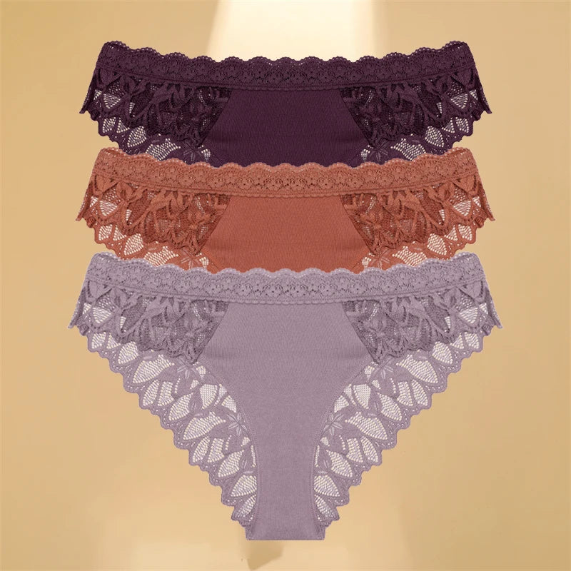FINETOO 3PCS Women's Lace Hollow Out Low Waist Floral Panties Sexy Invisible Breathable Lingerie