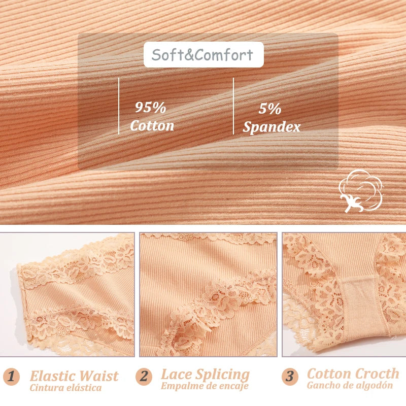 3PCS Set Women's Sexy Lace Cotton Low Rise Panties Floral Seamless Soft Breathable Underwear S-XL