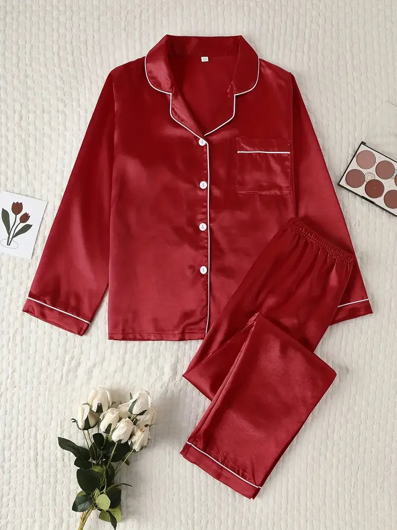 Autumn Winter Women's Silk Pajama Set | Soft Breathable Long Shirt Top & Pants Sleepwear