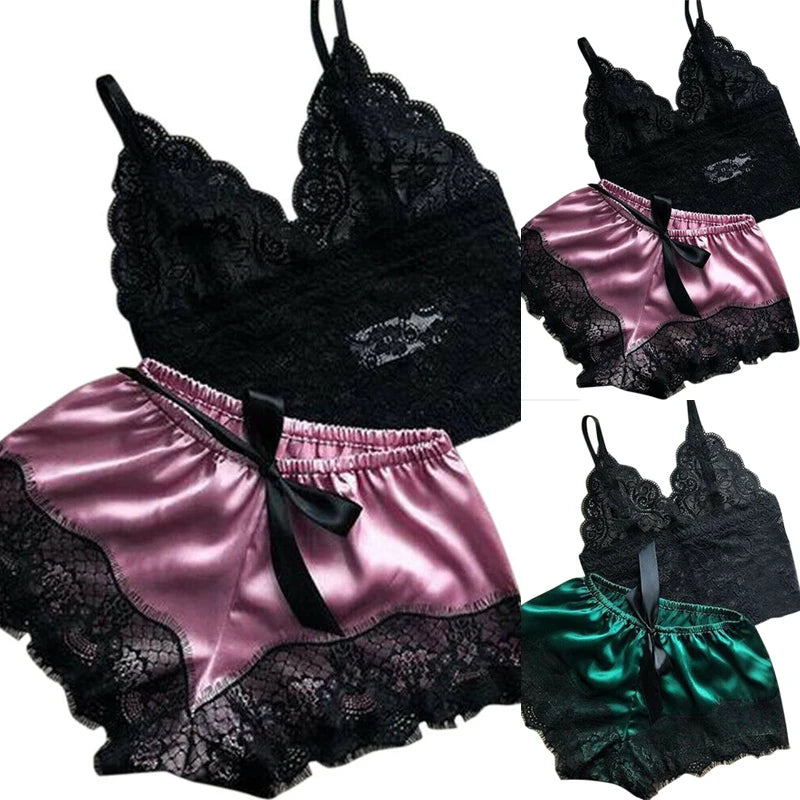 1 Set Women's Lace Sleepwear Lingerie Tops Shorts Babydoll Pajamas Nightwear S/M/L/XL/2XL New Color