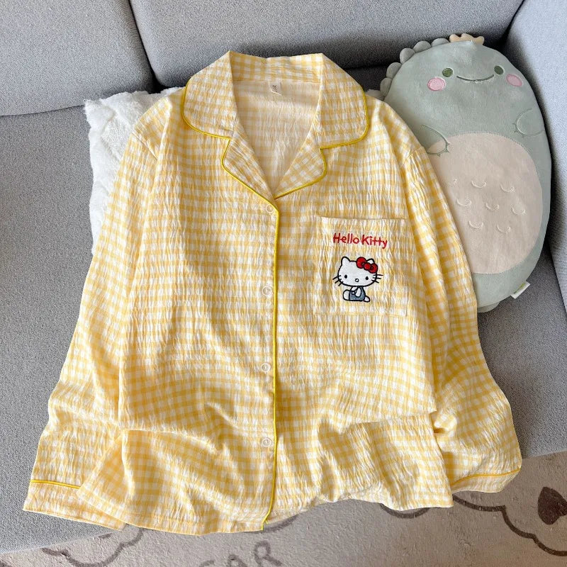 Autumn Women's Hello Kitty Pajama Set | Harajuku Style Plaid 2-Piece Cute Cartoon Sleepwear