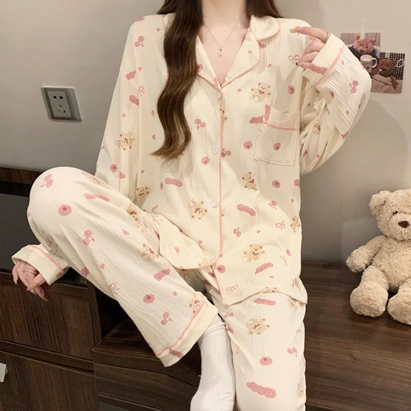 New Spring Autumn Women's Pajama Set | Love Cardigan Long Sleeve Crinkled Fabric Loungewear