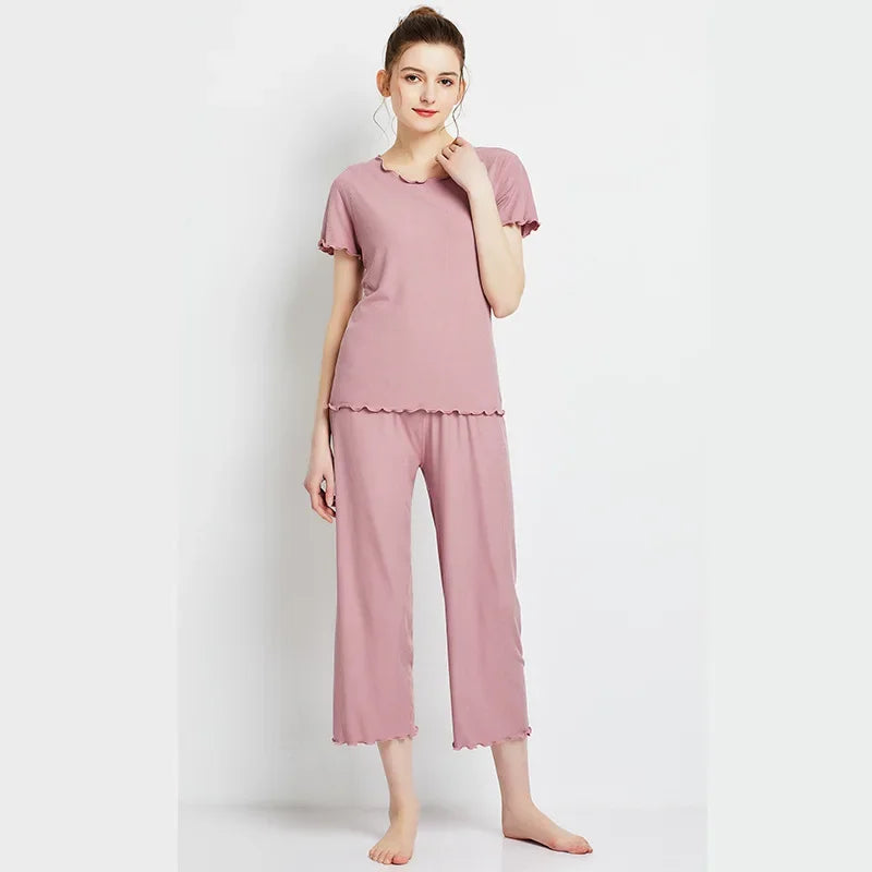 Japanese Summer Cotton Modal Pajama Set for Women | Short Sleeve Nine Point Pants | Large Size Home Sleepwear Suit