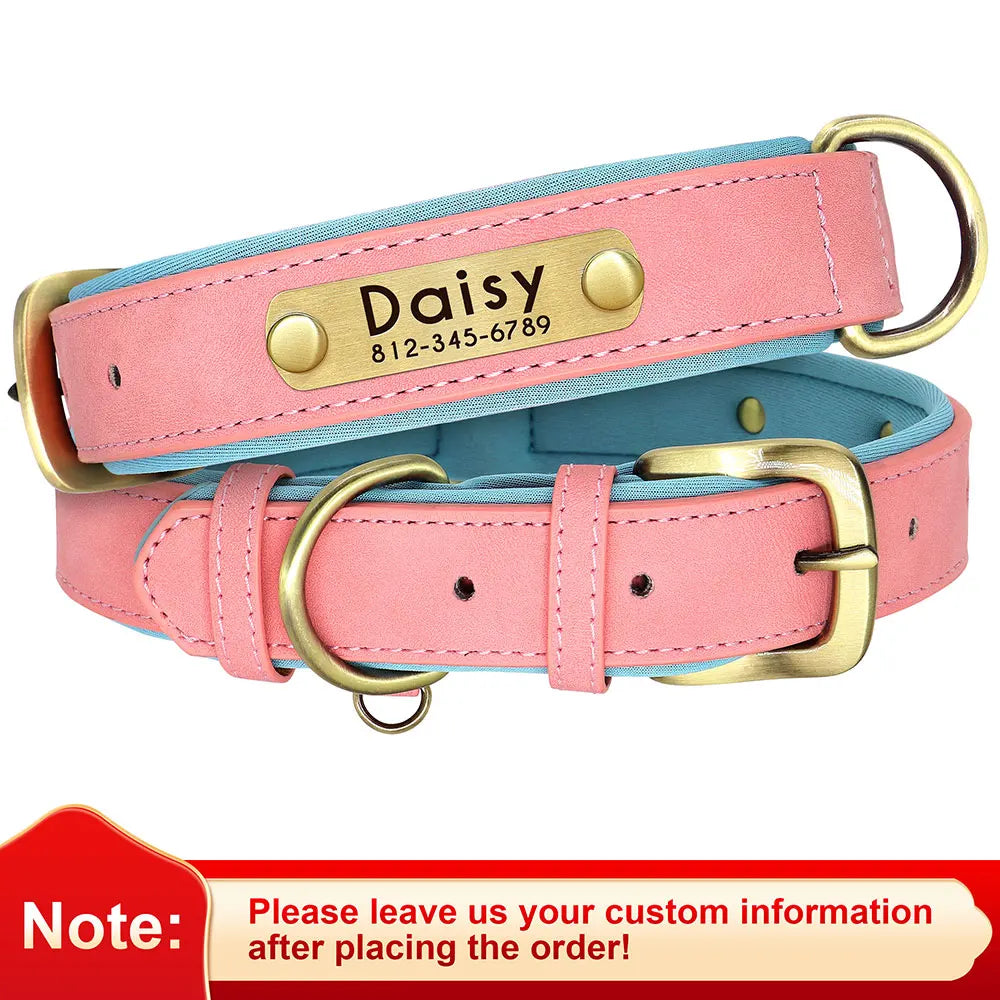 Custom PU Leather Dog Collar – Soft Padded with Engraved Nameplate, Adjustable for Small, Medium & Large Dogs