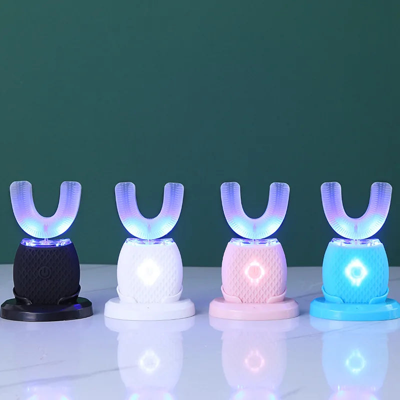 فرشاة أسنان كهربائية سونيك سيليكون على شكل حرف U - تبييض أسنان وتنظيف فم تلقائي بزاوية 360 درجة