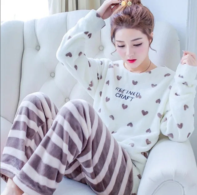 Winter Thick Warm Women's Flannel Pajama Set | Cozy Sleepwear & Homewear | Long Sleeve Top & Pants