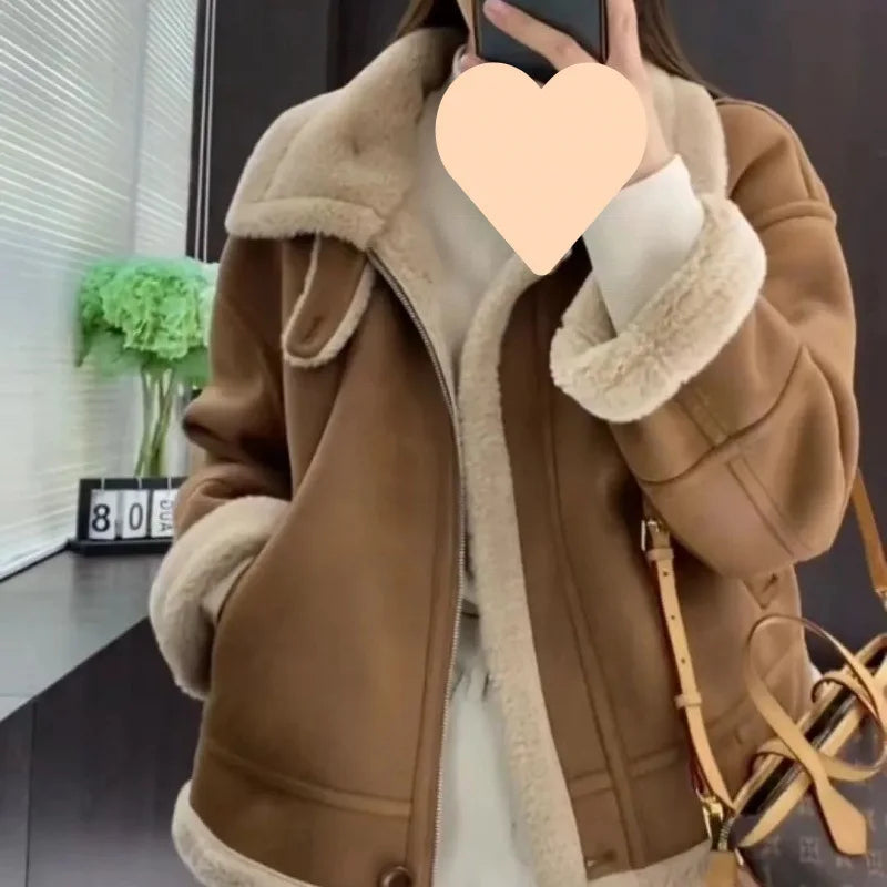 Lamb Fur Jacket Women’s Autumn Winter Thick Motorcycle-Style Short Plush Cotton Fashion Outerwear Coat