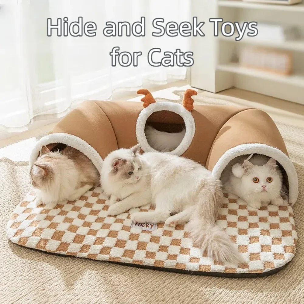Plush Cat Tunnel Bed – Warm Tube-Shaped Pet Hideaway with Peekaboo Toy for Cats