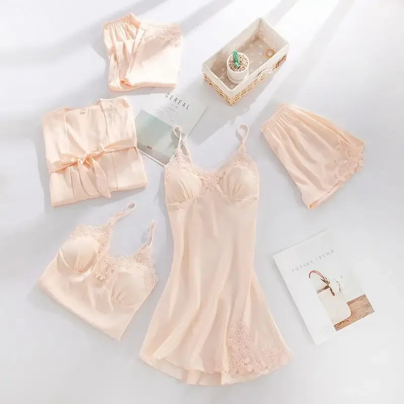 5PCS Women's Satin Sleepwear Set | Lace V-Neck Pajamas | Comfortable Spring Homewear PJS