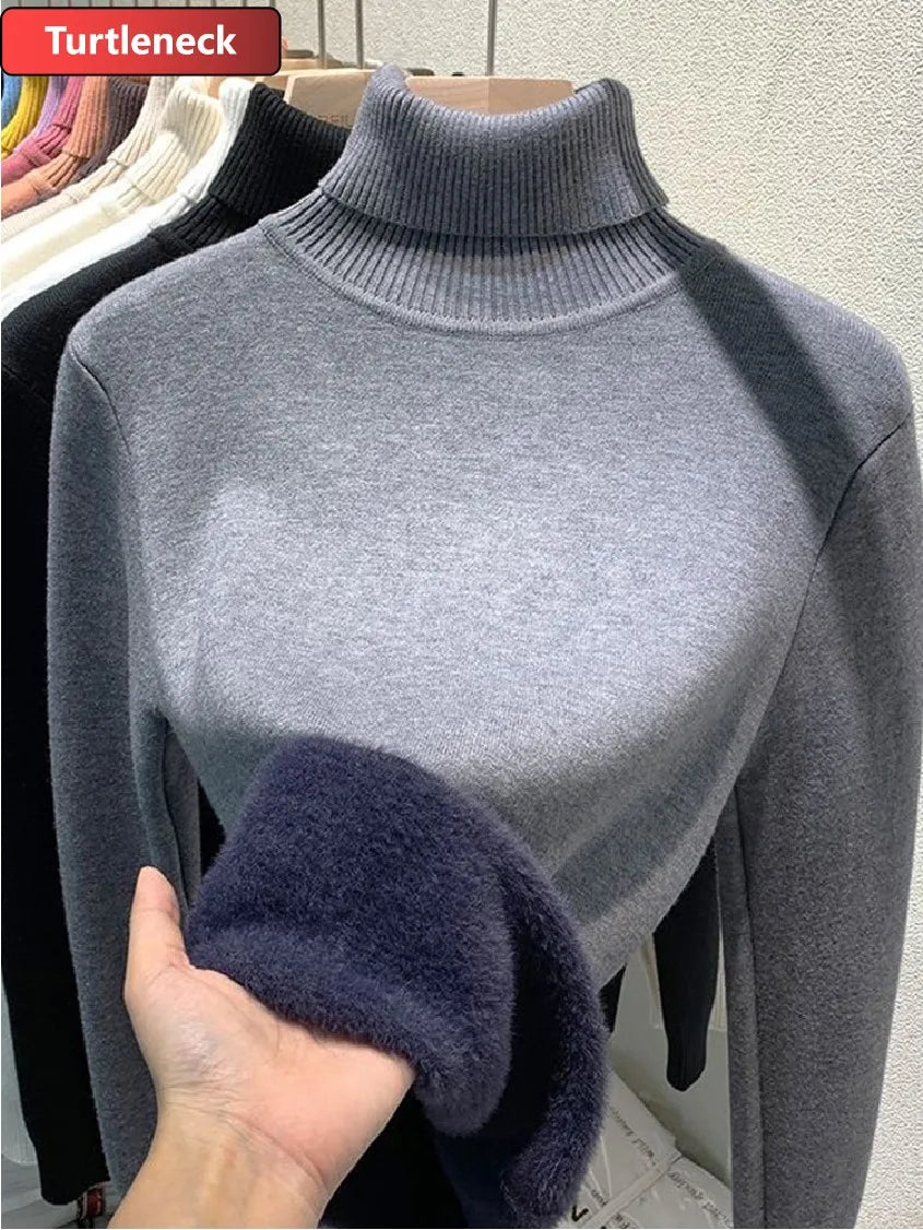 Thick Velvet Turtleneck Sweater for Women – Korean Fashion Warm Lined Knit Pullover | Slim Winter Jumper Top