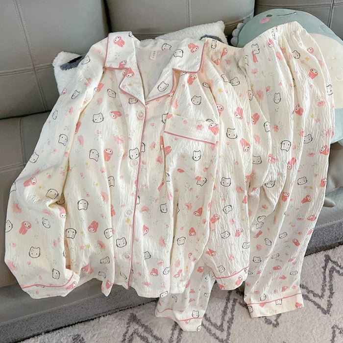 2025 Women's Moon Bear Pajama Set | Korean Style Soft 2-Piece Long Sleepwear with Lapel Neck