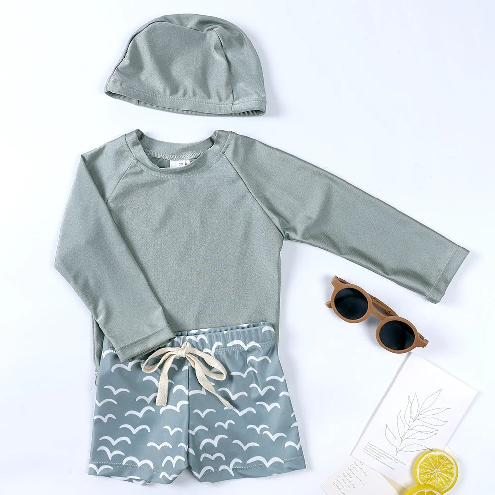 2025 Kids Boys Sun Protection Swimsuit Set Long Sleeve Tops Beach Pants Hat 1-7T