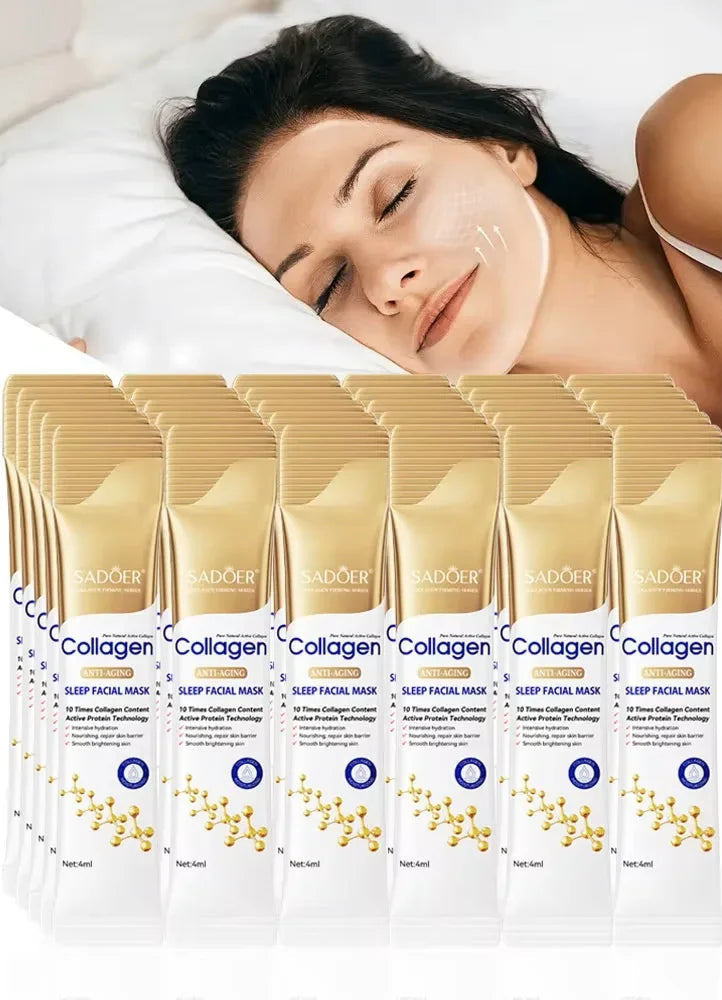 Woman lying down with a collage of Collagen sleep facial mask packages.
