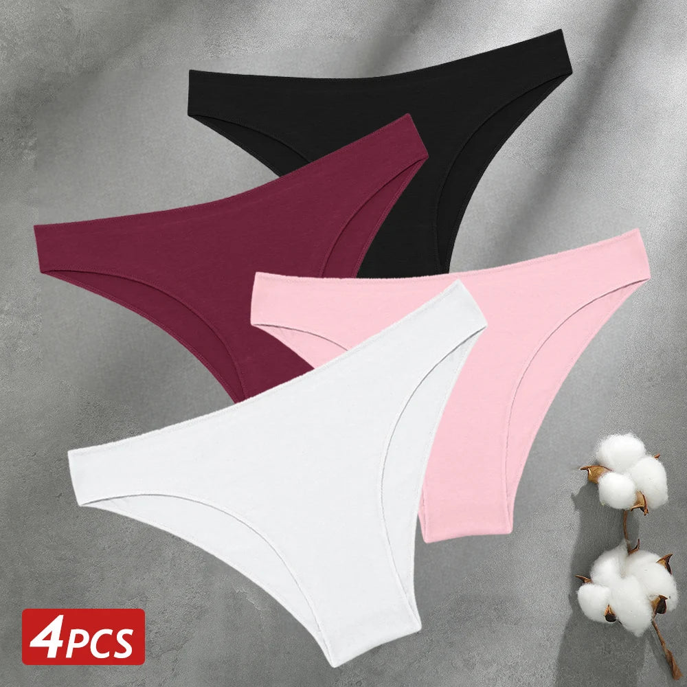 4PCS Seamless Cotton Panties Women Solid Color Low Waist Breathable Stretch Underwear