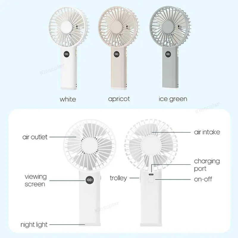 Handheld Personal Fan – Portable USB Mini Fan with 3600mAh Rechargeable Battery, Stepless Speed Control, Display & Nightlight