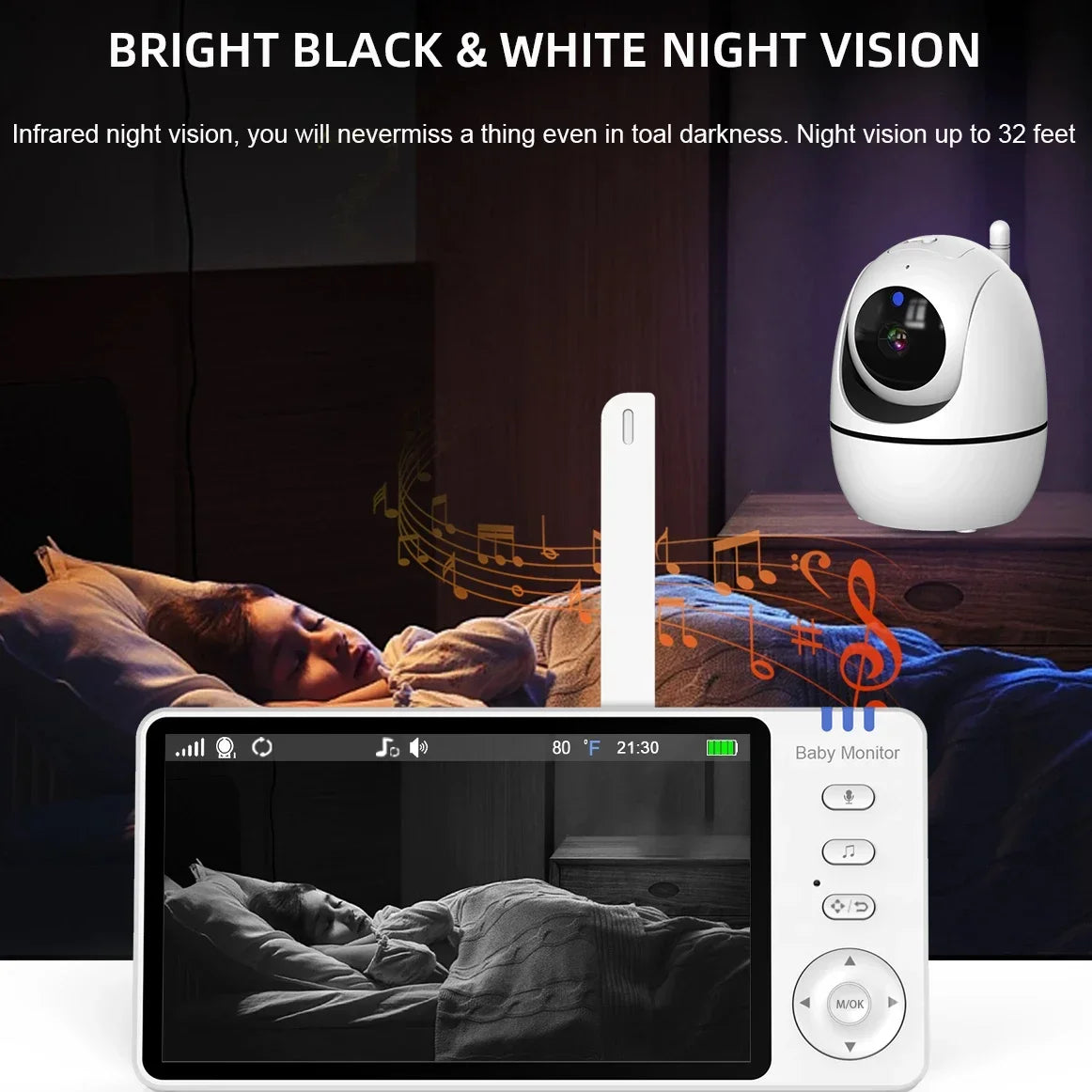 5-Inch Video Baby Monitor with Camera – PTZ Zoom, Two-Way Audio, Temperature Sensor, Lullabies & Security Surveillance