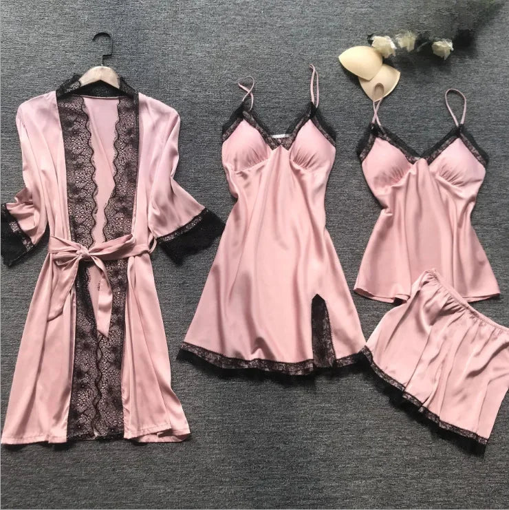 Women's 4-Piece Sleepwear Set | Comfortable Tank Top & Robe | European Style Homewear with Chest Pad