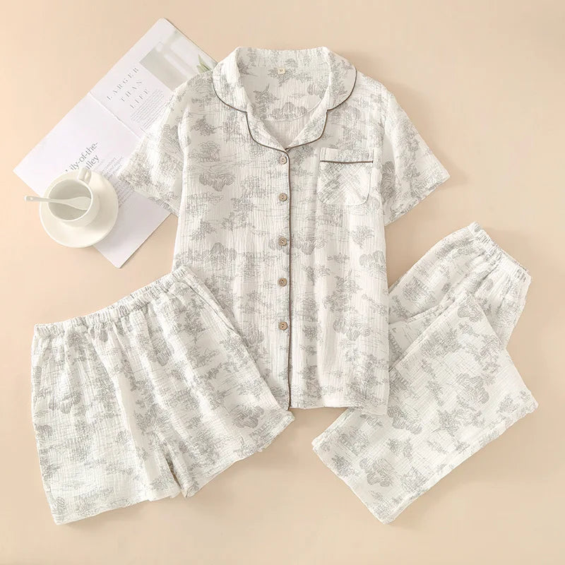 Summer Women's Pajama Set | 3-Piece 100% Gauze Cotton Sleepwear with Short Sleeve Top, Long Pants & Shorts