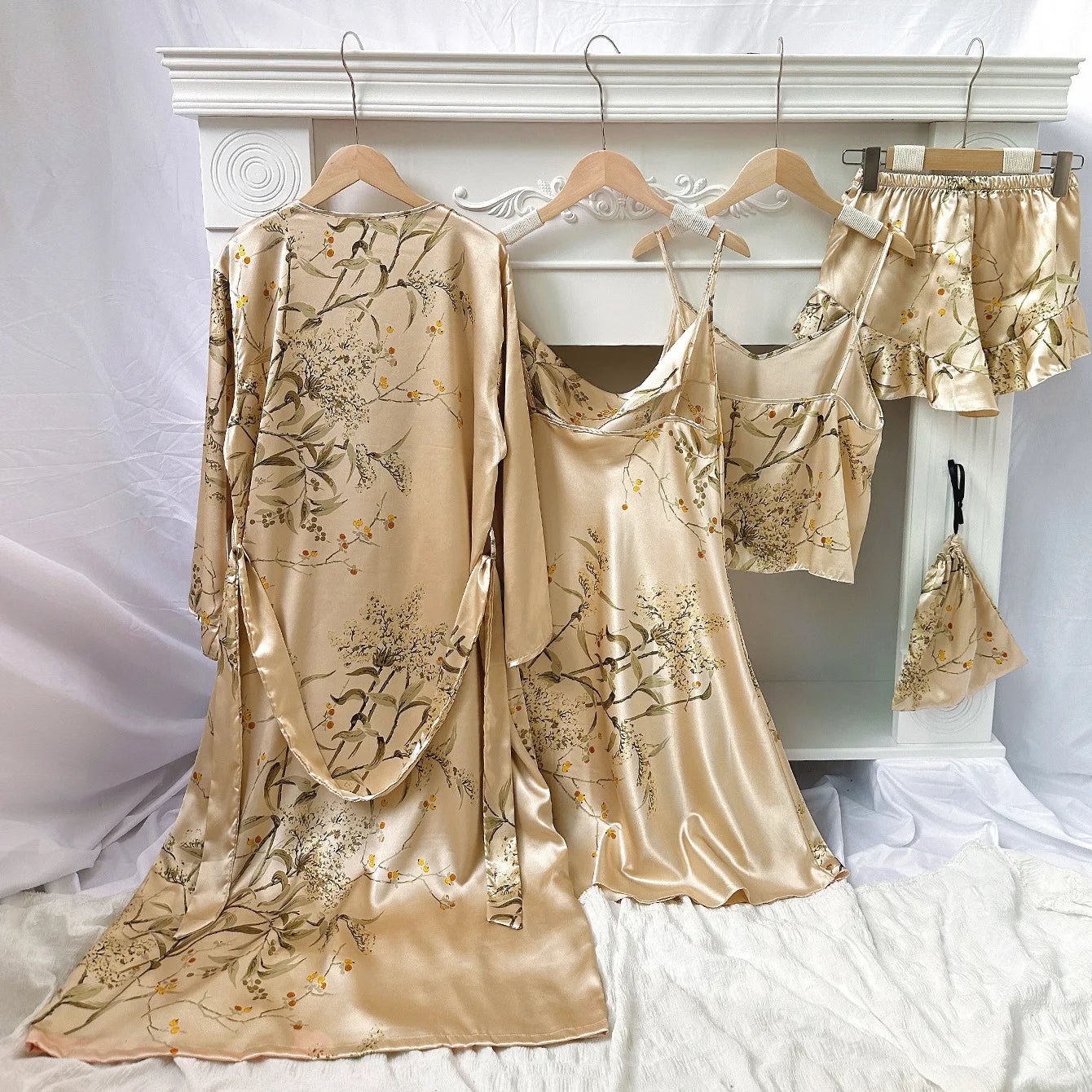 Women’s 5-Piece Homewear Set – Printed Cherry Pajamas, Thin Nightgown, Camisole Shorts & Skirt Set