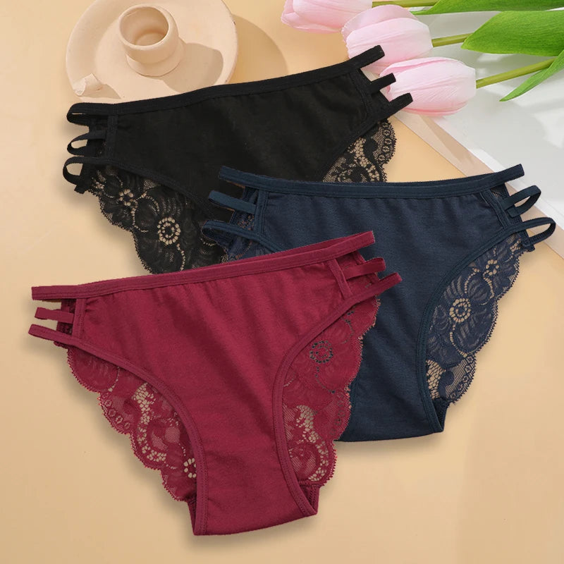 3PC Set Women's Sexy Floral Lace Low Rise Hollow Out Panties Transparent Underwear Soft Elastic Straps Lingerie