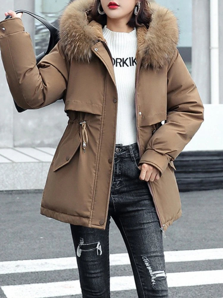 New Women Parka Long Coat with Wool Liner, Hooded Winter Jacket, Slim Fit with Fur Collar, Warm Snow Wear Padded Clothes