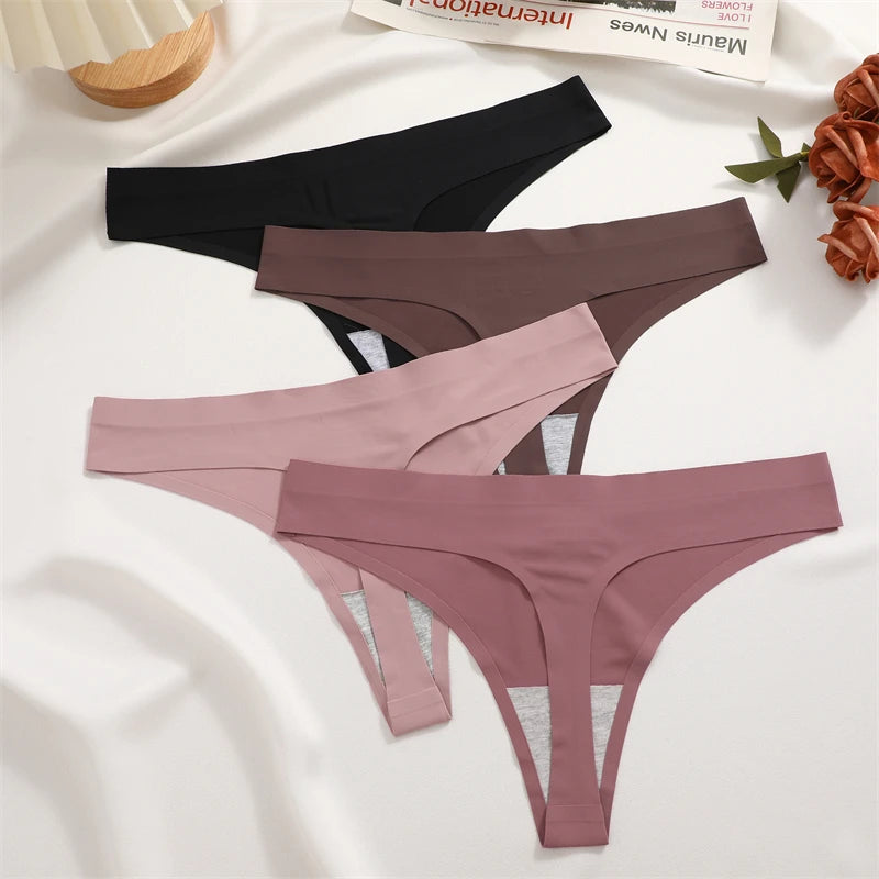 FINETOO 4PCS Women's Ice Silk Seamless Low Waist Thongs Sexy Solid Color Stretch Lingerie