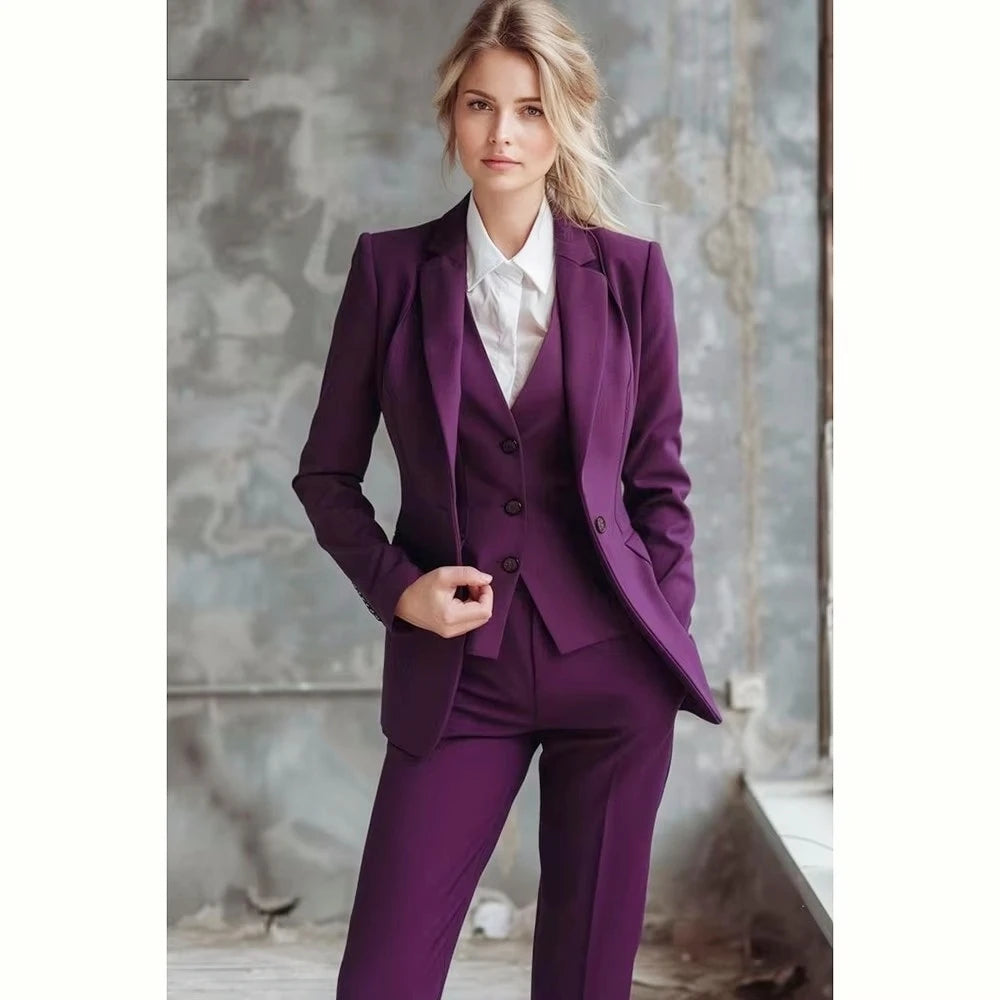 Women’s 3-Piece Purple Suit – Jacket, Vest & Trousers Business Work Set