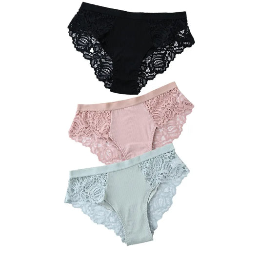 3Pcs Cotton Lace Panties for Women - Sexy Floral Briefs Underwear Lingerie Plus Size