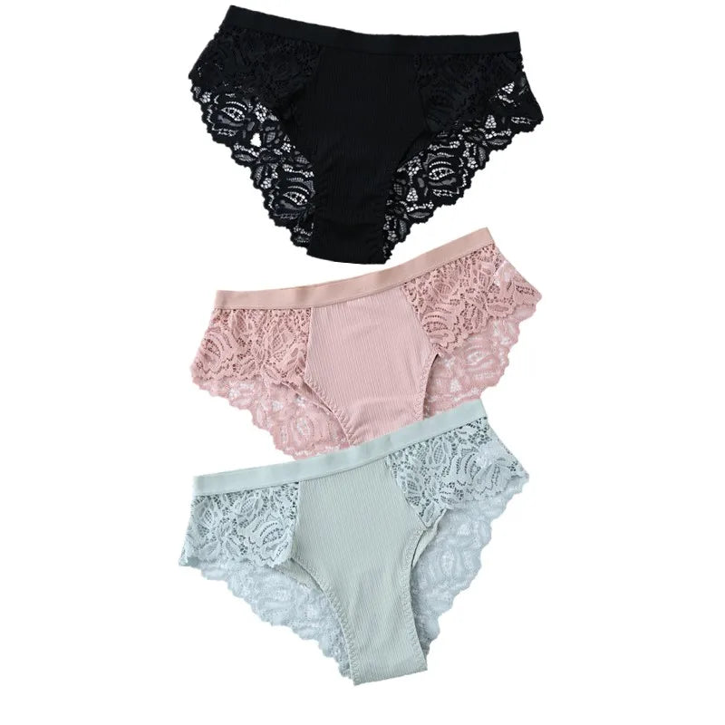 3Pcs Cotton Lace Panties for Women - Sexy Floral Briefs Underwear Lingerie Plus Size
