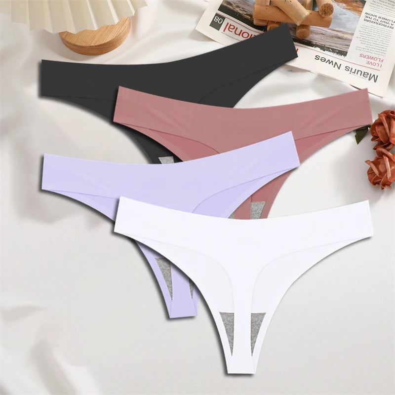 FINETOO 4PCS Women's Ice Silk Seamless Low Waist Thongs Sexy Solid Color Stretch Lingerie
