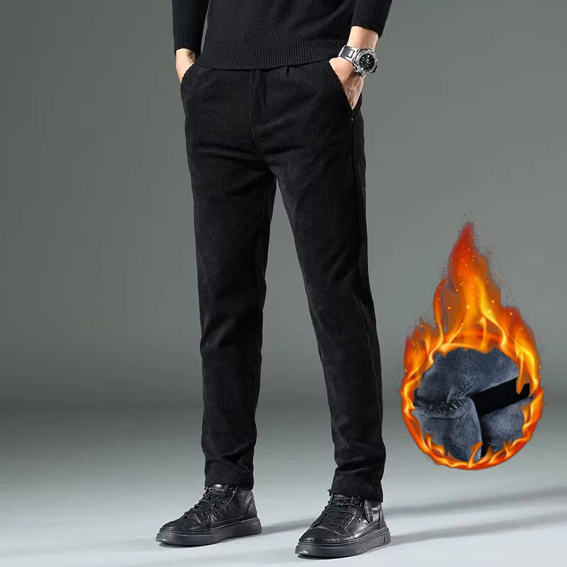 Men's High-Quality Corduroy Thermal Pants – Khaki Narrow Leg Casual Autumn Winter Trousers