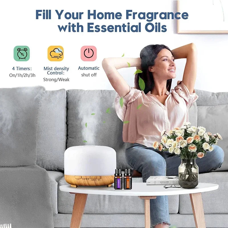 Mini Wood Grain Aroma Diffuser – 500ML USB Essential Oil Humidifier with Colorful Night Lights for Home Air Purification