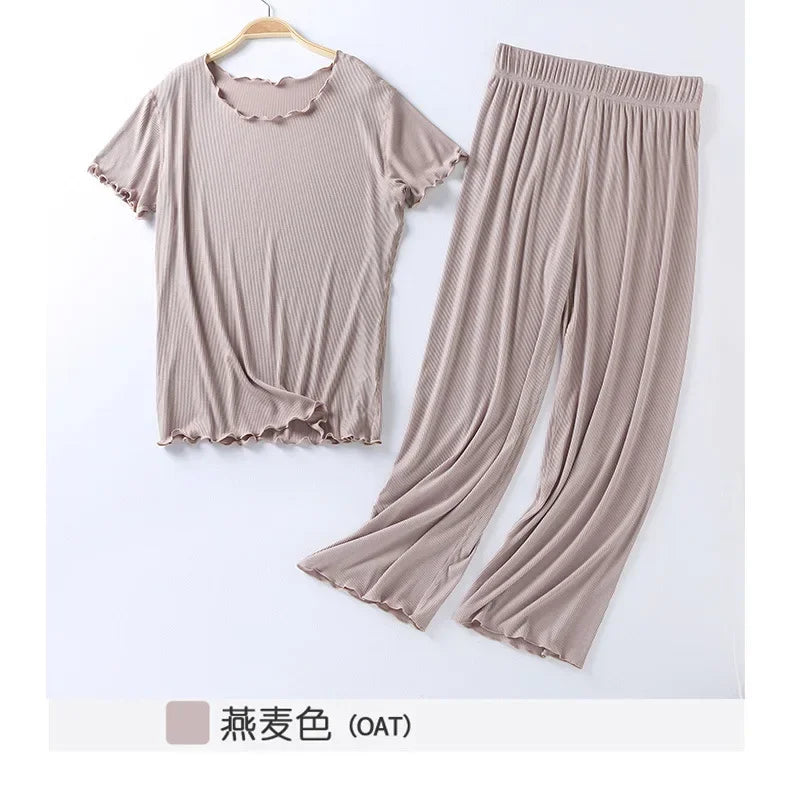 Japanese Summer Cotton Modal Pajama Set for Women | Short Sleeve Nine Point Pants | Large Size Home Sleepwear Suit