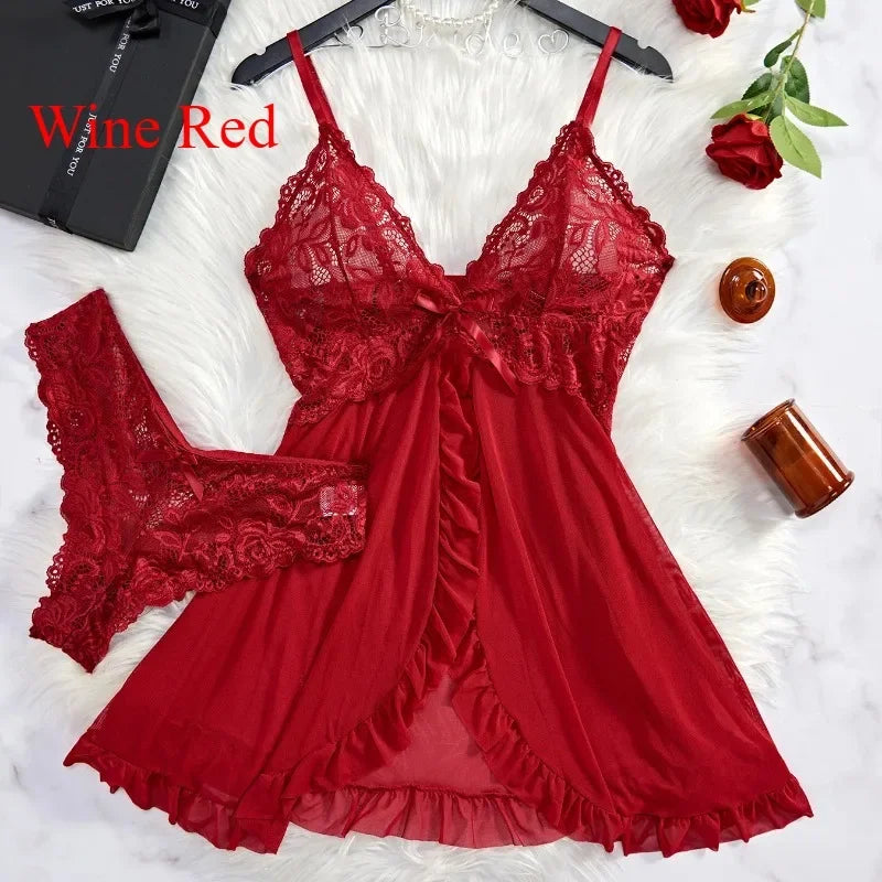 Women's Sexy Lace Lingerie Set | V-Neck Slim Soft Nightdress & Bra | Solid Color Erotic Sleepwear