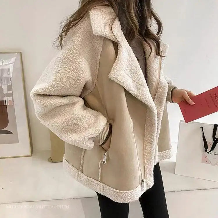 Chic Suede Lamb Fur Jacket Loose Fit Plus Size Cotton Coat Autumn Winter Fashion Outerwear for Plump Sisters