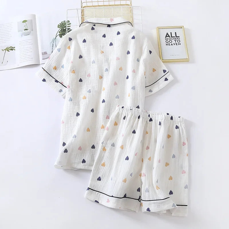 Japanese Summer Women's Pajama Set | Cotton Gauze Short Sleeve & Shorts Cute Heart Sleepwear