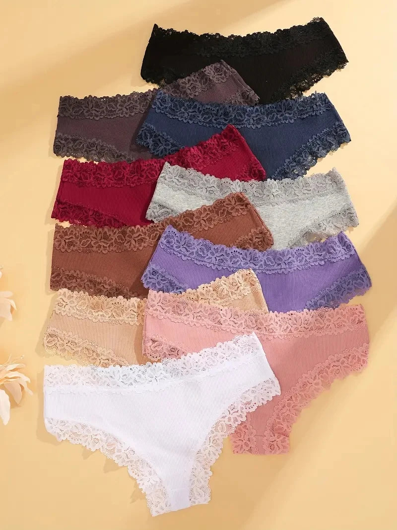 15PCS Women Cotton Panties – Sexy Lace Brazilian Underwear, Soft Solid Color Trendy Briefs & Intimates