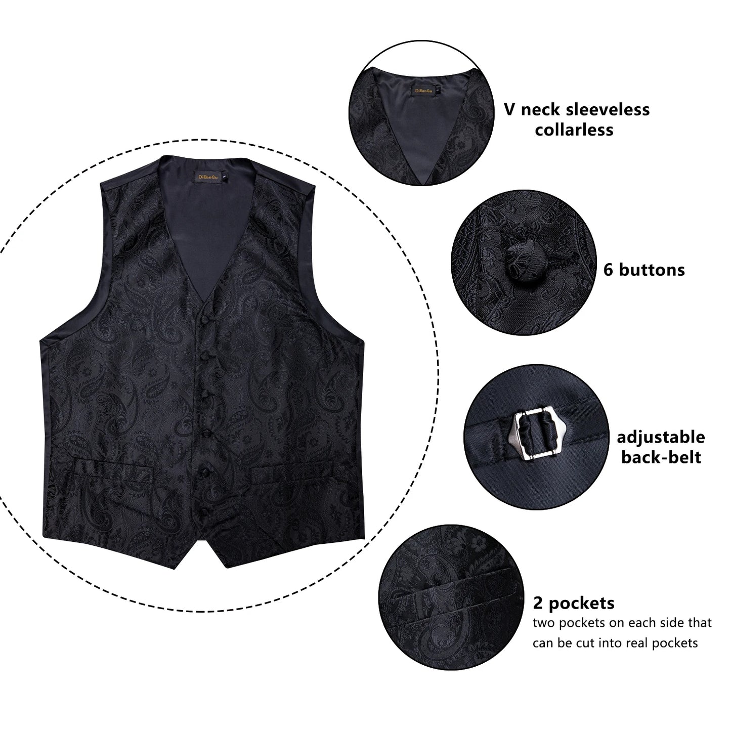 Men's Black Paisley Suit Vest with Necktie & Accessories – Formal Waistcoat for Wedding & Prom