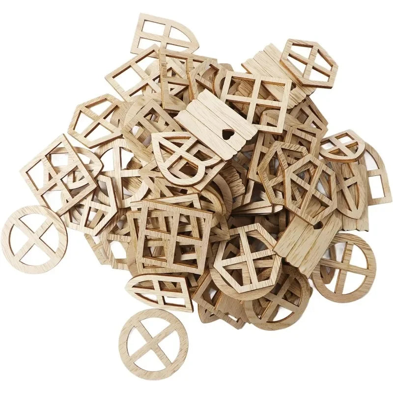 25pcs Wood Window Cutouts – Unfinished Wooden Slices for DIY Crafts, Kids Projects & Home Decor