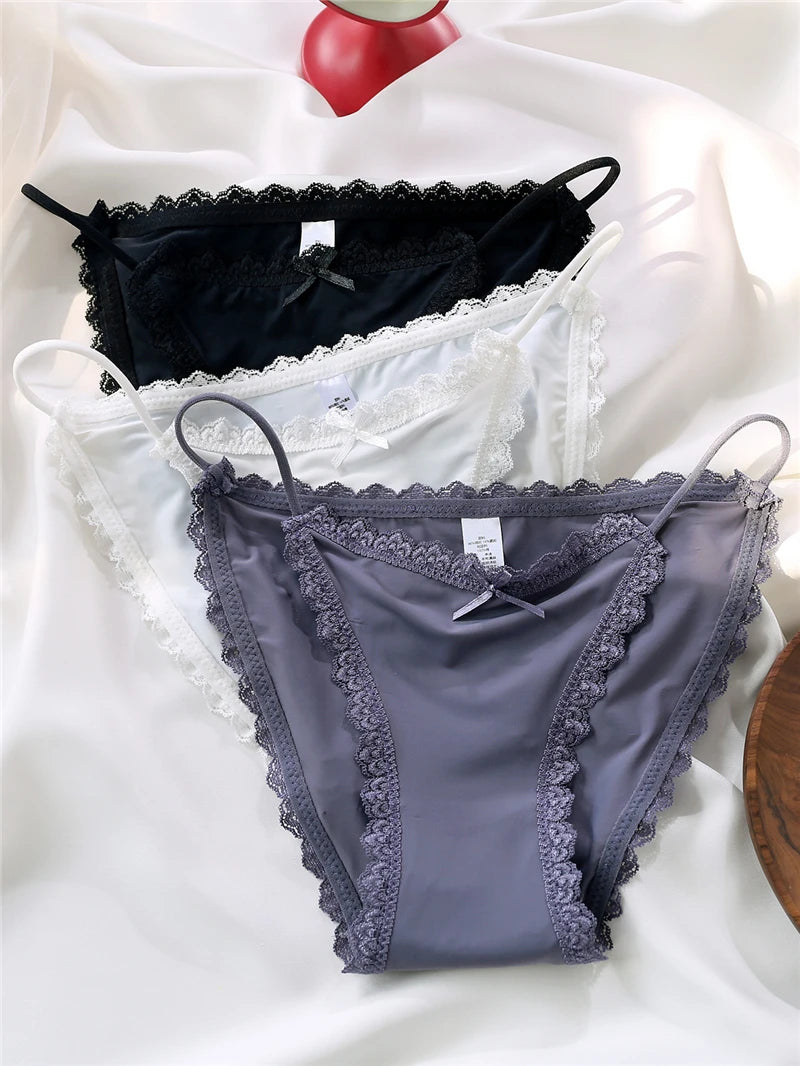 Ice Silk Women's Lace Low Waist Sexy Thong Panties Solid Color Bikini G-String Lingerie