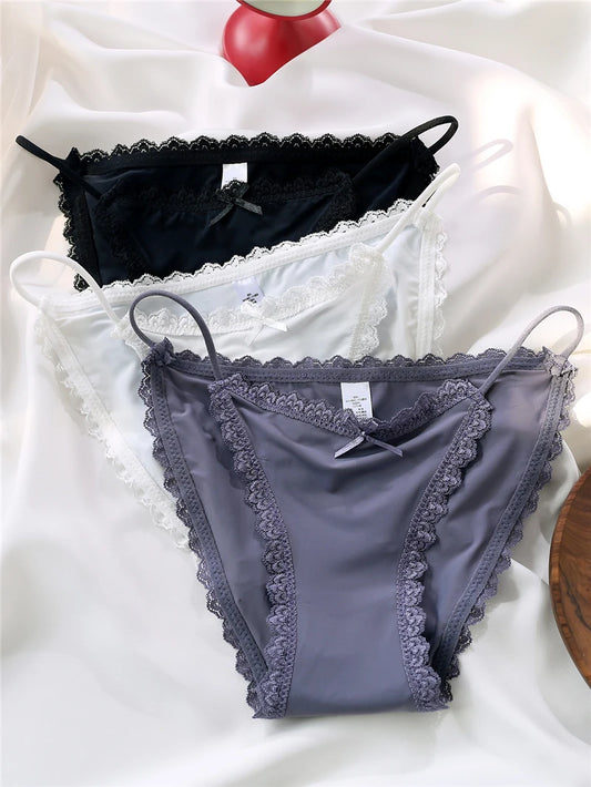 Ice Silk Women's Lace Low Waist Sexy Thong Panties Solid Color Bikini G-String Lingerie