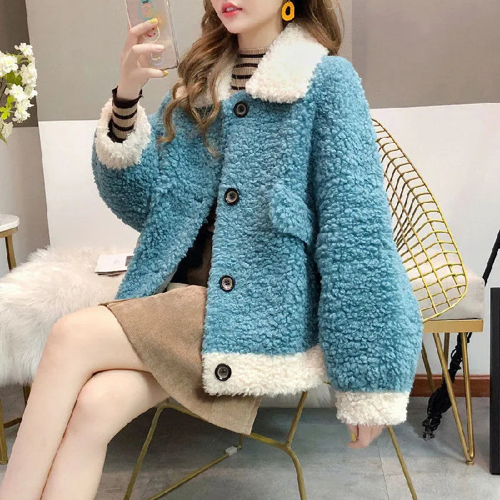 Women's Loose Fit Lamb Velvet Thickened Autumn Winter Button-Up Cardigan Coat Casual Style