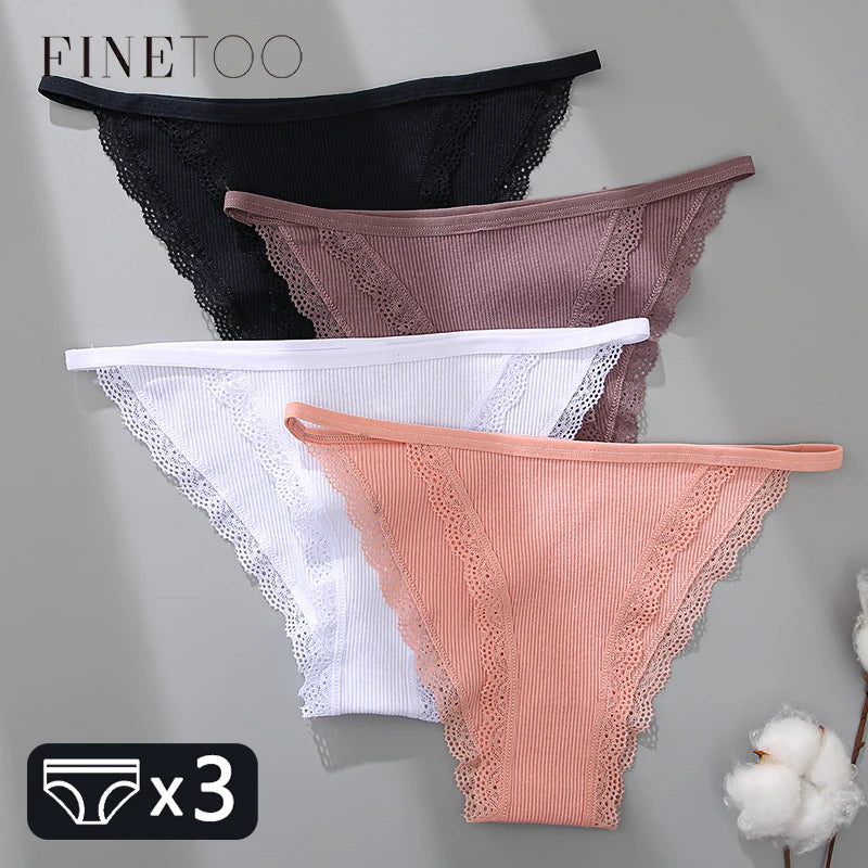 FINETOO Women's Cotton Lace Panties 3PCS Set S-XL Comfortable Soft Underwear Intimates