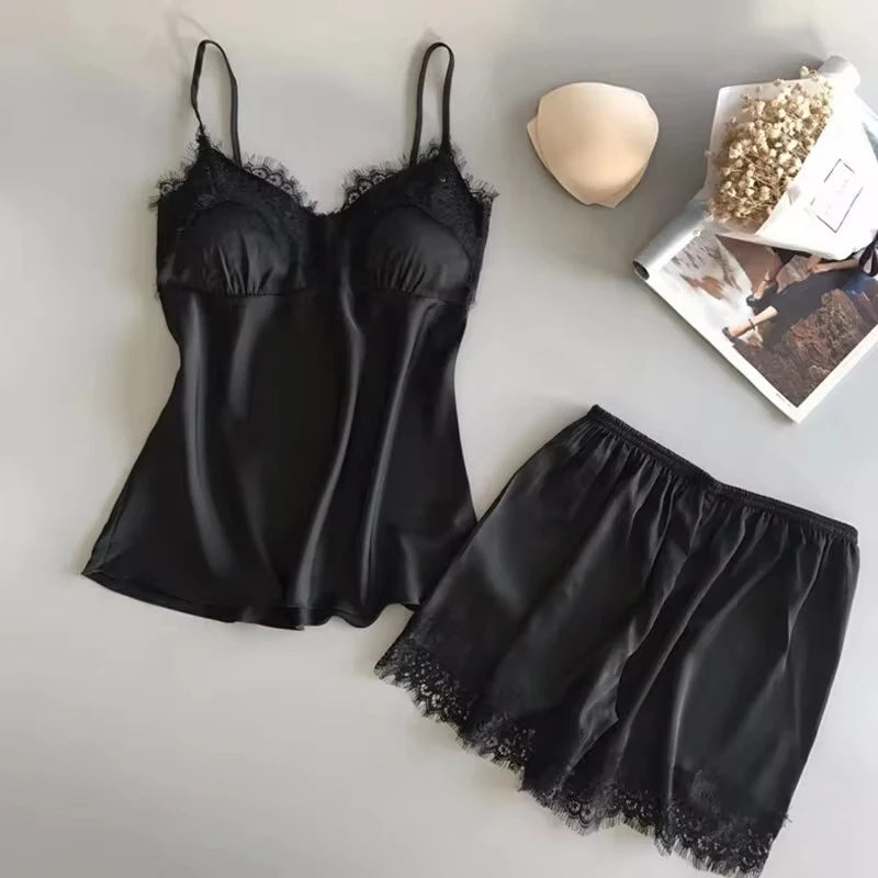 Women’s Pajama Suit – Fashion V-Neck Stretch Satin Babydoll, Lace Sexy Lingerie Bowknot Sleep Shorts Set